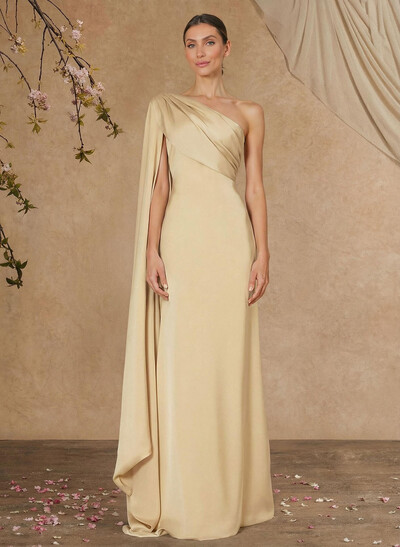 Sheath Column One-Shoulder Sleeveless Floor-Length Crepe Satin Evening Dresses With Sweeping Side Drape
