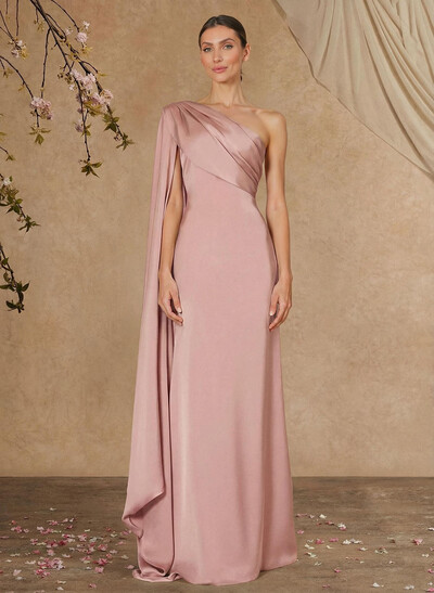 Sheath Column One-Shoulder Sleeveless Floor-Length Crepe Satin Evening Dresses With Sweeping Side Drape