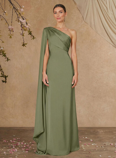 Sheath Column One-Shoulder Sleeveless Floor-Length Crepe Satin Evening Dresses With Sweeping Side Drape