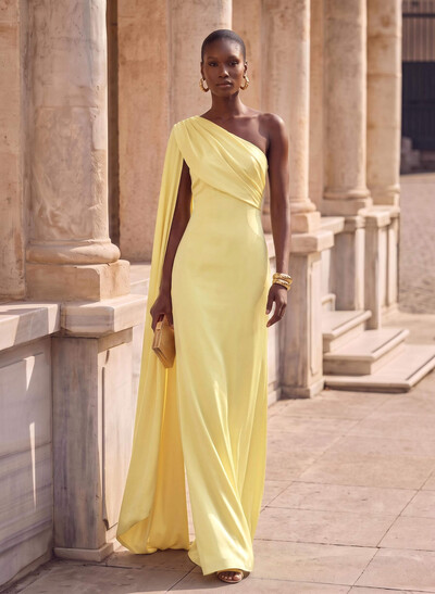 Sheath Column One-Shoulder Sleeveless Floor-Length Crepe Satin Evening Dresses With Sweeping Side Drape