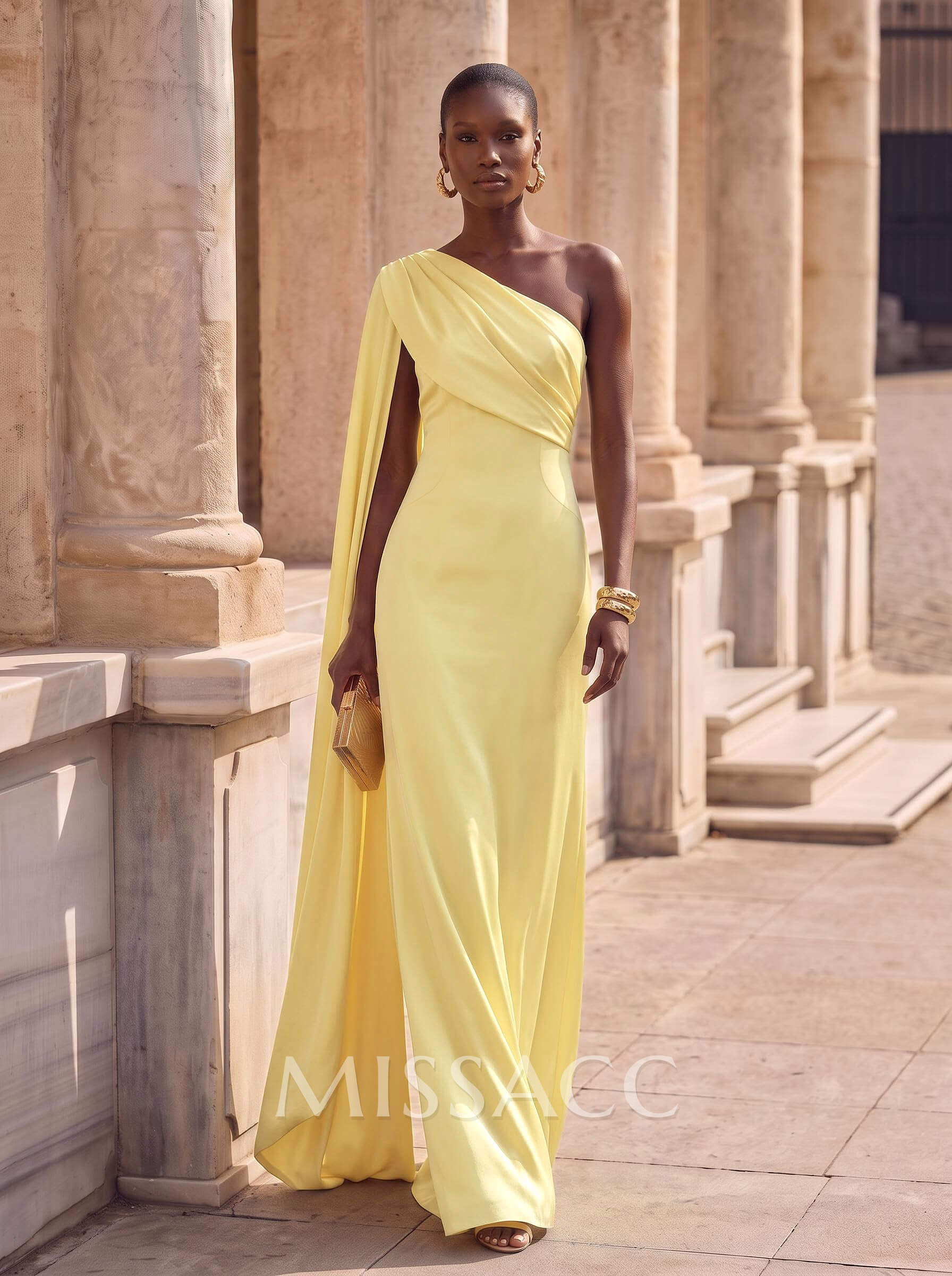 Sheath Column One-Shoulder Sleeveless Floor-Length Crepe Satin Evening Dresses With Sweeping Side Drape