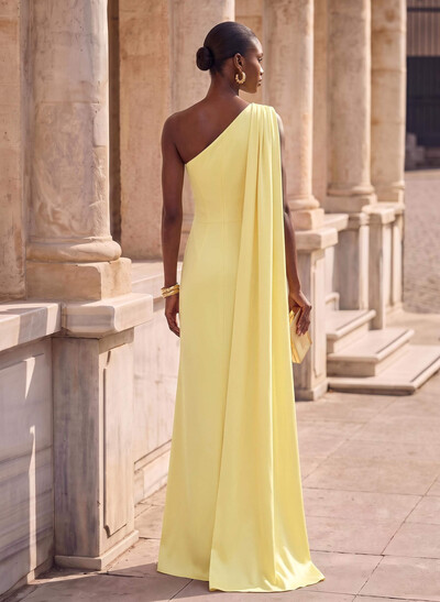 Sheath Column One-Shoulder Sleeveless Floor-Length Crepe Satin Evening Dresses With Sweeping Side Drape