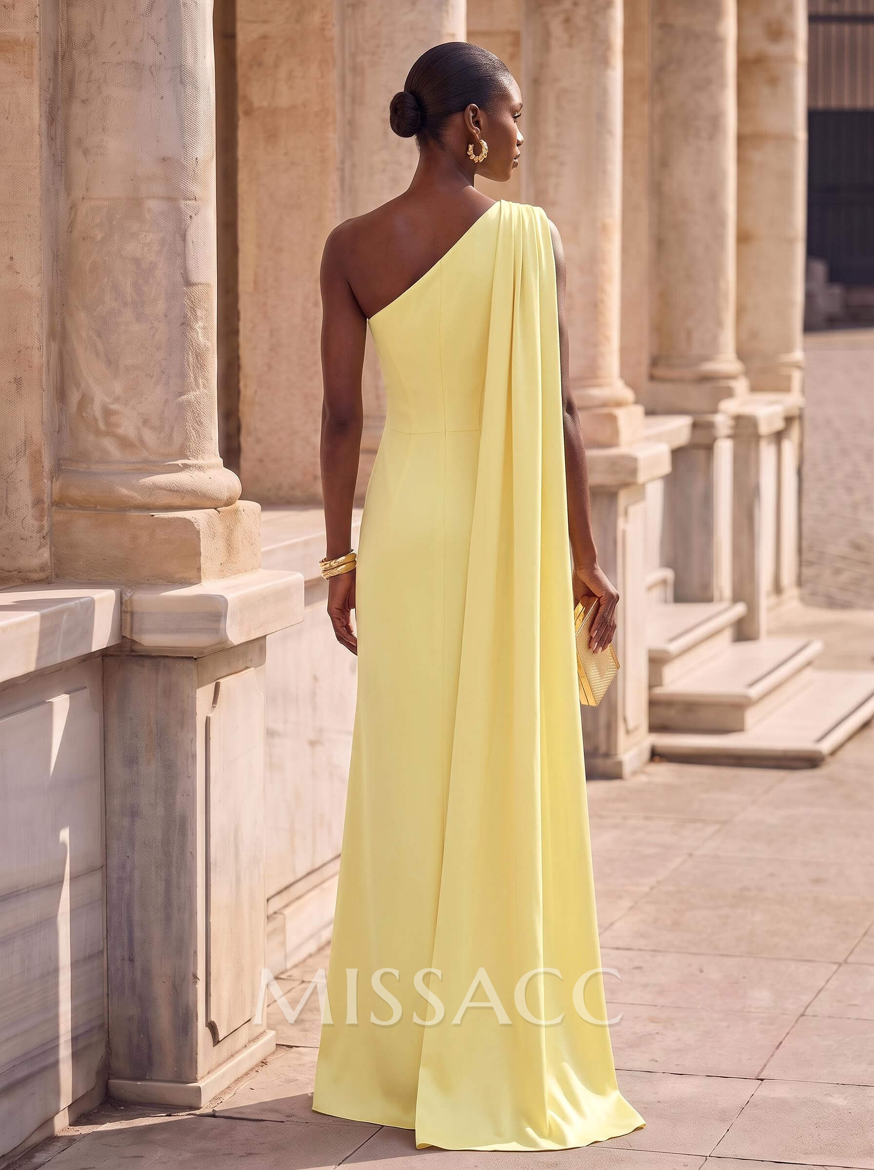 Sheath Column One-Shoulder Sleeveless Floor-Length Crepe Satin Evening Dresses With Sweeping Side Drape