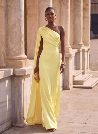Sheath Column One-Shoulder Sleeveless Floor-Length Crepe Satin Evening Dresses With Sweeping Side Drape
