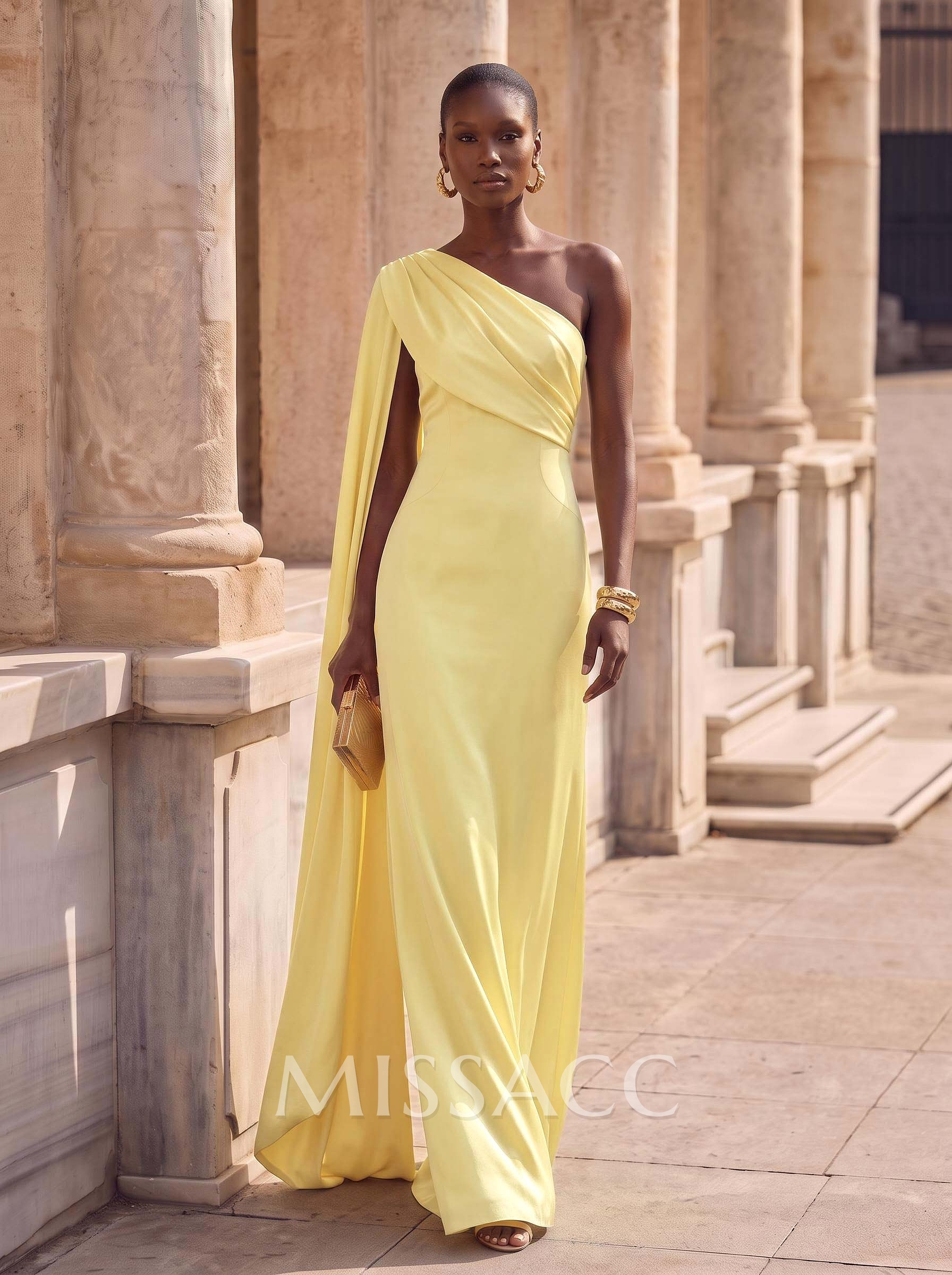 Sheath Column One-Shoulder Sleeveless Floor-Length Crepe Satin Evening Dresses With Sweeping Side Drape Sheath Column One-Shoulder Sleeveless Floor-Length Crepe Satin Evening Dresses With Sweeping Side Drape