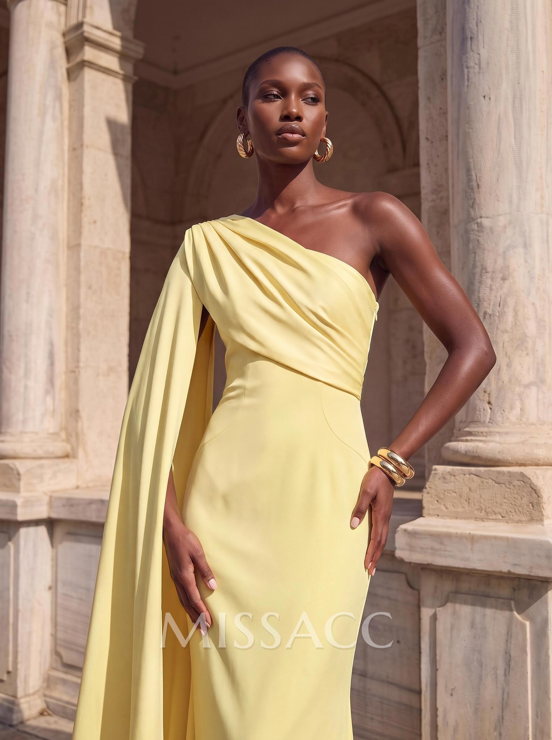 Sheath Column One-Shoulder Sleeveless Floor-Length Crepe Satin Evening Dresses With Sweeping Side Drape Sheath Column One-Shoulder Sleeveless Floor-Length Crepe Satin Evening Dresses With Sweeping Side Drape
