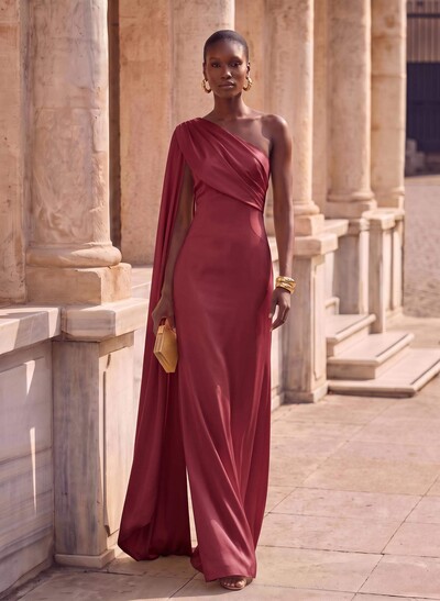Sheath Column One-Shoulder Sleeveless Floor-Length Crepe Satin Evening Dresses With Sweeping Side Drape