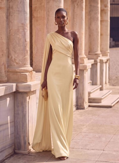 Sheath Column One-Shoulder Sleeveless Floor-Length Crepe Satin Evening Dresses With Sweeping Side Drape