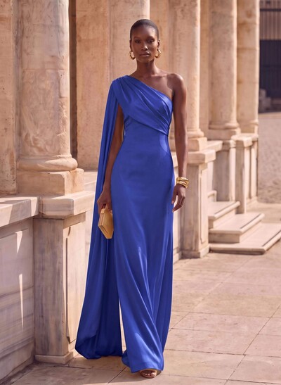 Sheath Column One-Shoulder Sleeveless Floor-Length Crepe Satin Evening Dresses With Sweeping Side Drape