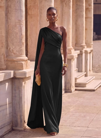 Sheath Column One-Shoulder Sleeveless Floor-Length Crepe Satin Evening Dresses With Sweeping Side Drape