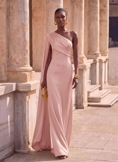 Sheath Column One-Shoulder Sleeveless Floor-Length Crepe Satin Evening Dresses With Sweeping Side Drape