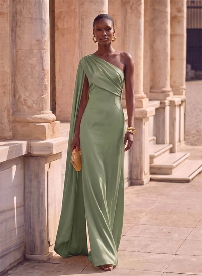 Sheath Column One-Shoulder Sleeveless Floor-Length Crepe Satin Evening Dresses With Sweeping Side Drape