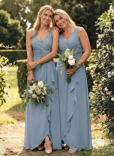 A-Line V-Neck Sleeveless Floor-Length Chiffon Bridesmaid Dress With Ruffle