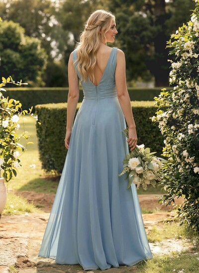 A-Line V-Neck Sleeveless Floor-Length Chiffon Bridesmaid Dress With Ruffle