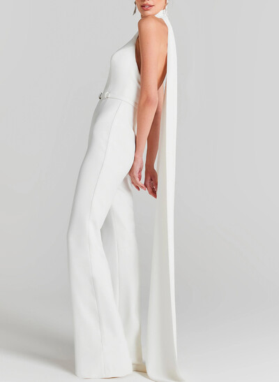 Jumpsuit Pantsuit High Neck Sleeveless Floor-Length Elastic Satin Evening Dresses With Sash