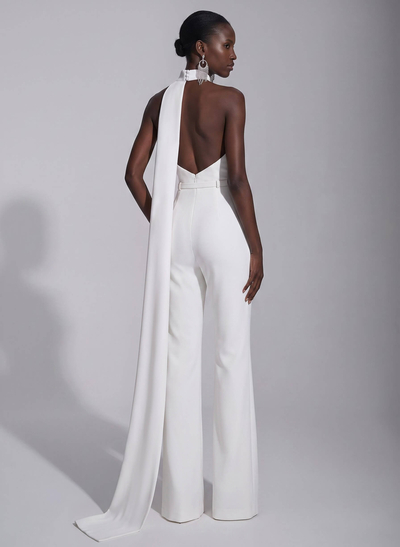 Jumpsuit Pantsuit High Neck Sleeveless Floor-Length Elastic Satin Evening Dresses With Sash