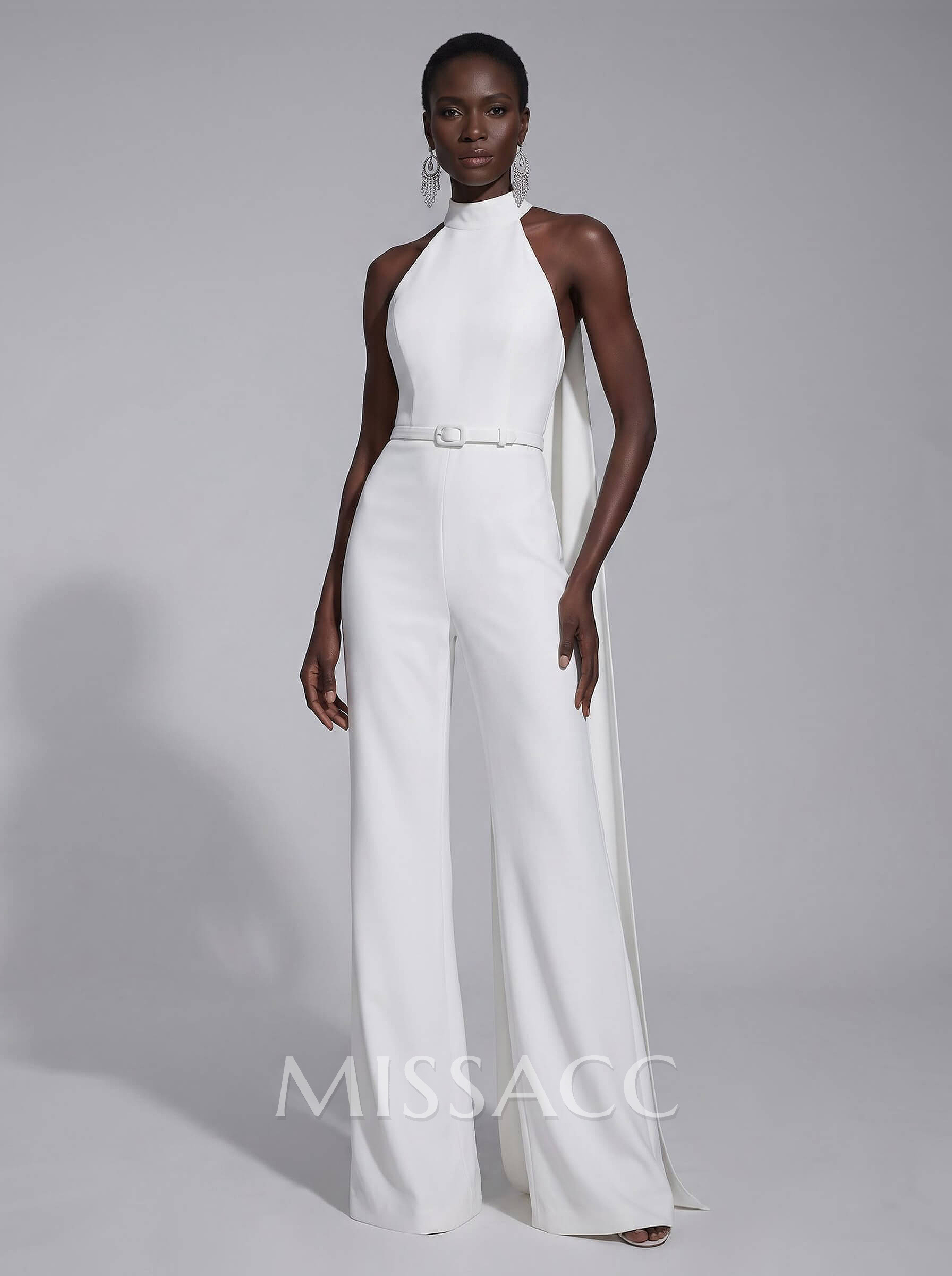 Jumpsuit Pantsuit High Neck Sleeveless Floor-Length Elastic Satin Evening Dresses With Sash