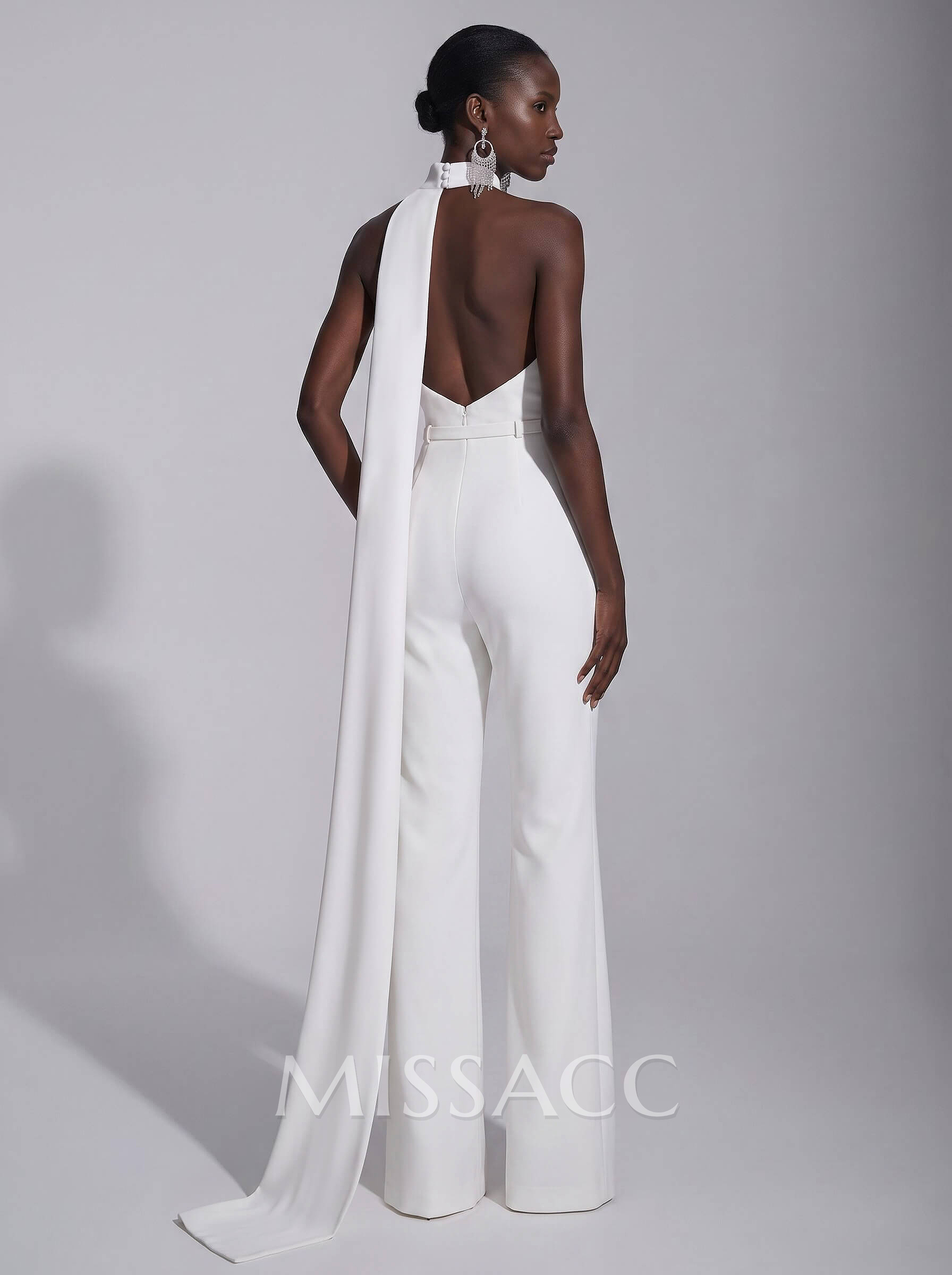 Jumpsuit Pantsuit High Neck Sleeveless Floor-Length Elastic Satin Evening Dresses With Sash