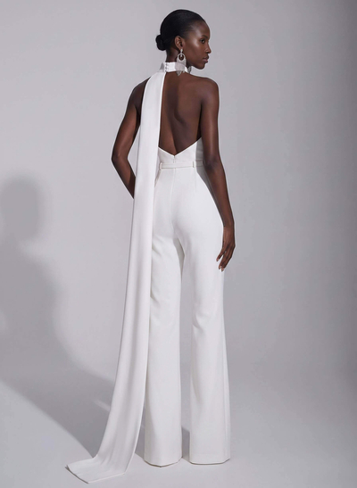 Jumpsuit Pantsuit High Neck Sleeveless Floor-Length Elastic Satin Evening Dresses With Sash
