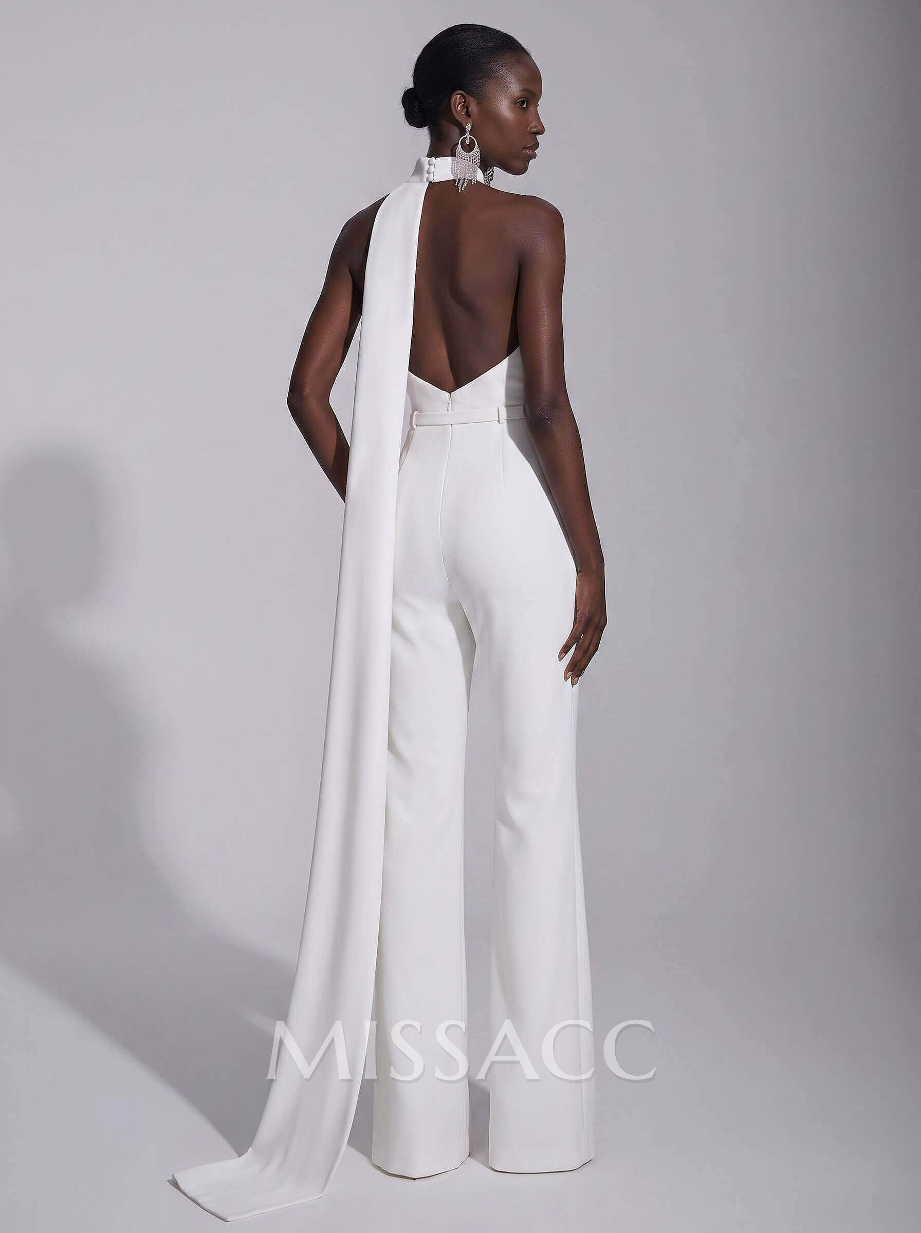 Jumpsuit Pantsuit High Neck Sleeveless Floor-Length Elastic Satin Evening Dresses With Sash