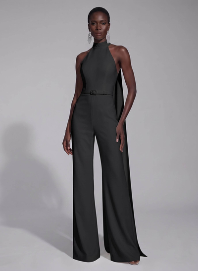Jumpsuit Pantsuit High Neck Sleeveless Floor-Length Elastic Satin Evening Dresses With Sash