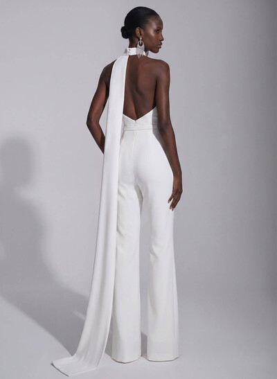 Jumpsuit Pantsuit High Neck Sleeveless Floor-Length Elastic Satin Evening Dresses With Sash