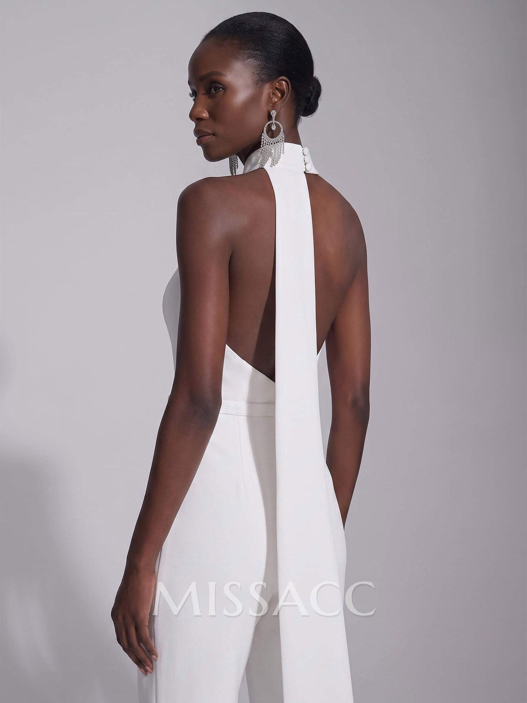 Jumpsuit Pantsuit High Neck Sleeveless Floor-Length Elastic Satin Evening Dresses With Sash
