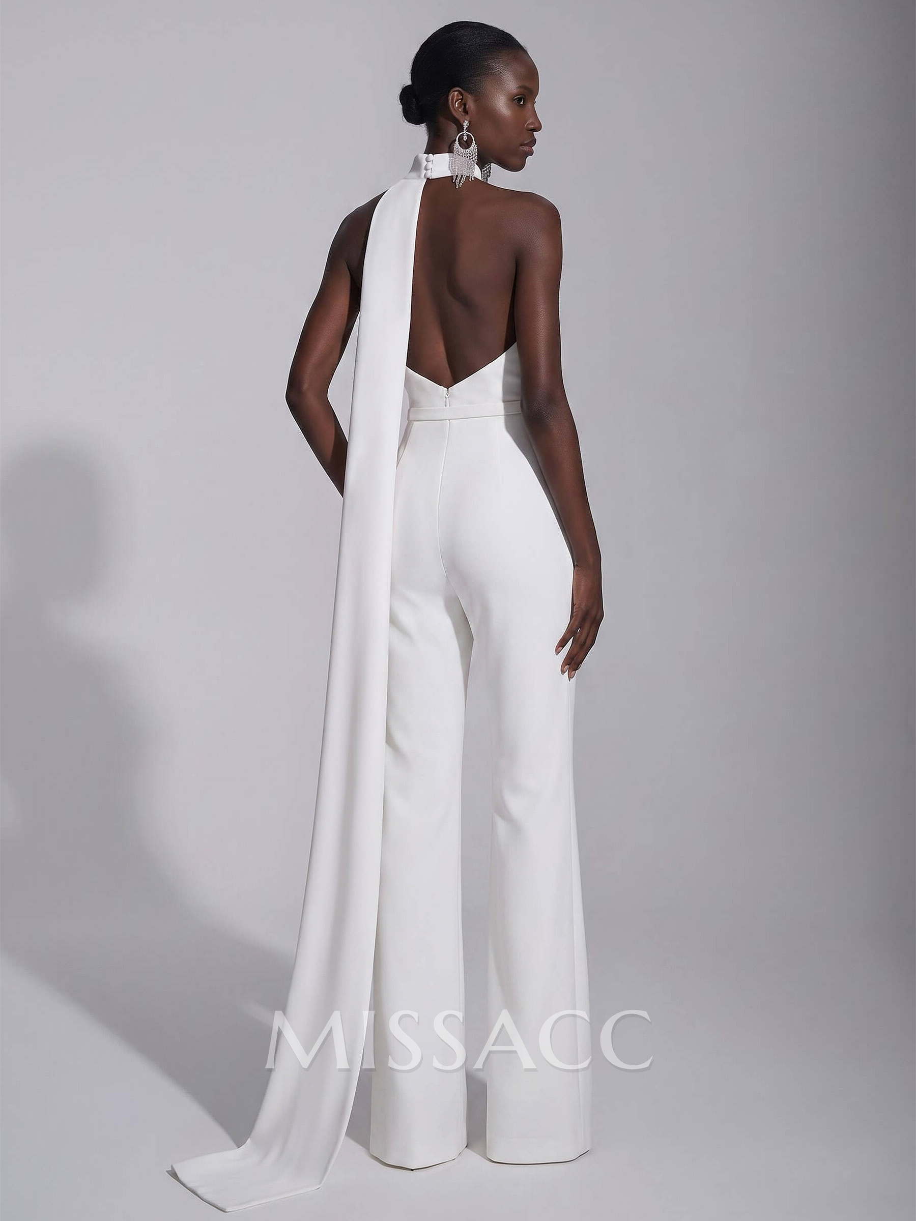 Jumpsuit Pantsuit High Neck Sleeveless Floor-Length Elastic Satin Evening Dresses With Sash