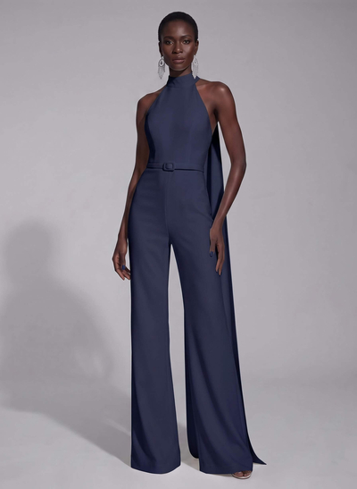 Jumpsuit Pantsuit High Neck Sleeveless Floor-Length Elastic Satin Evening Dresses With Sash