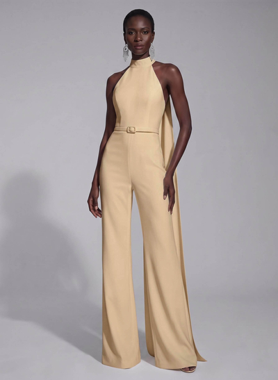 Jumpsuit Pantsuit High Neck Sleeveless Floor-Length Elastic Satin Evening Dresses With Sash