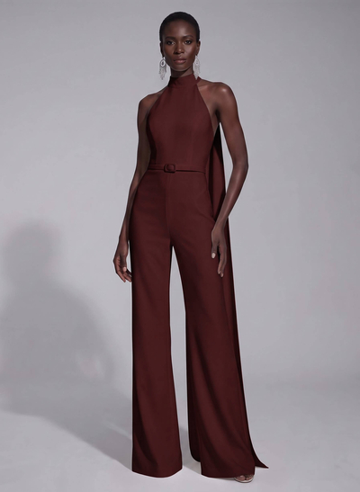 Jumpsuit Pantsuit High Neck Sleeveless Floor-Length Elastic Satin Evening Dresses With Sash