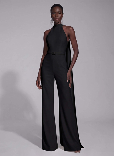 Jumpsuit Pantsuit High Neck Sleeveless Floor-Length Elastic Satin Evening Dresses With Sash