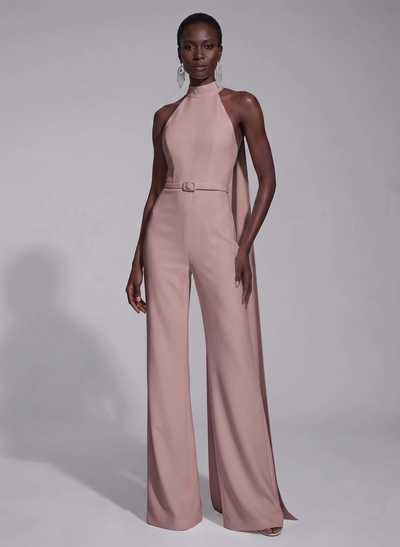 Jumpsuit Pantsuit High Neck Sleeveless Floor-Length Elastic Satin Evening Dresses With Sash