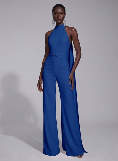 Jumpsuit Pantsuit High Neck Sleeveless Floor-Length Elastic Satin Evening Dresses With Sash
