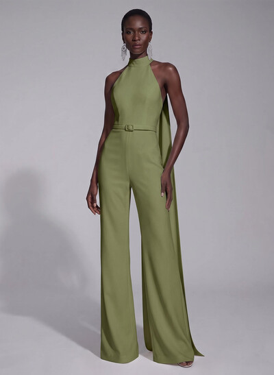 Jumpsuit Pantsuit High Neck Sleeveless Floor-Length Elastic Satin Evening Dresses With Sash