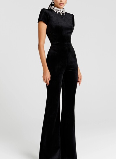 Sheath Column High Neck Short Sleeves Floor-Length Velvet Evening Dresses With Rhinestone