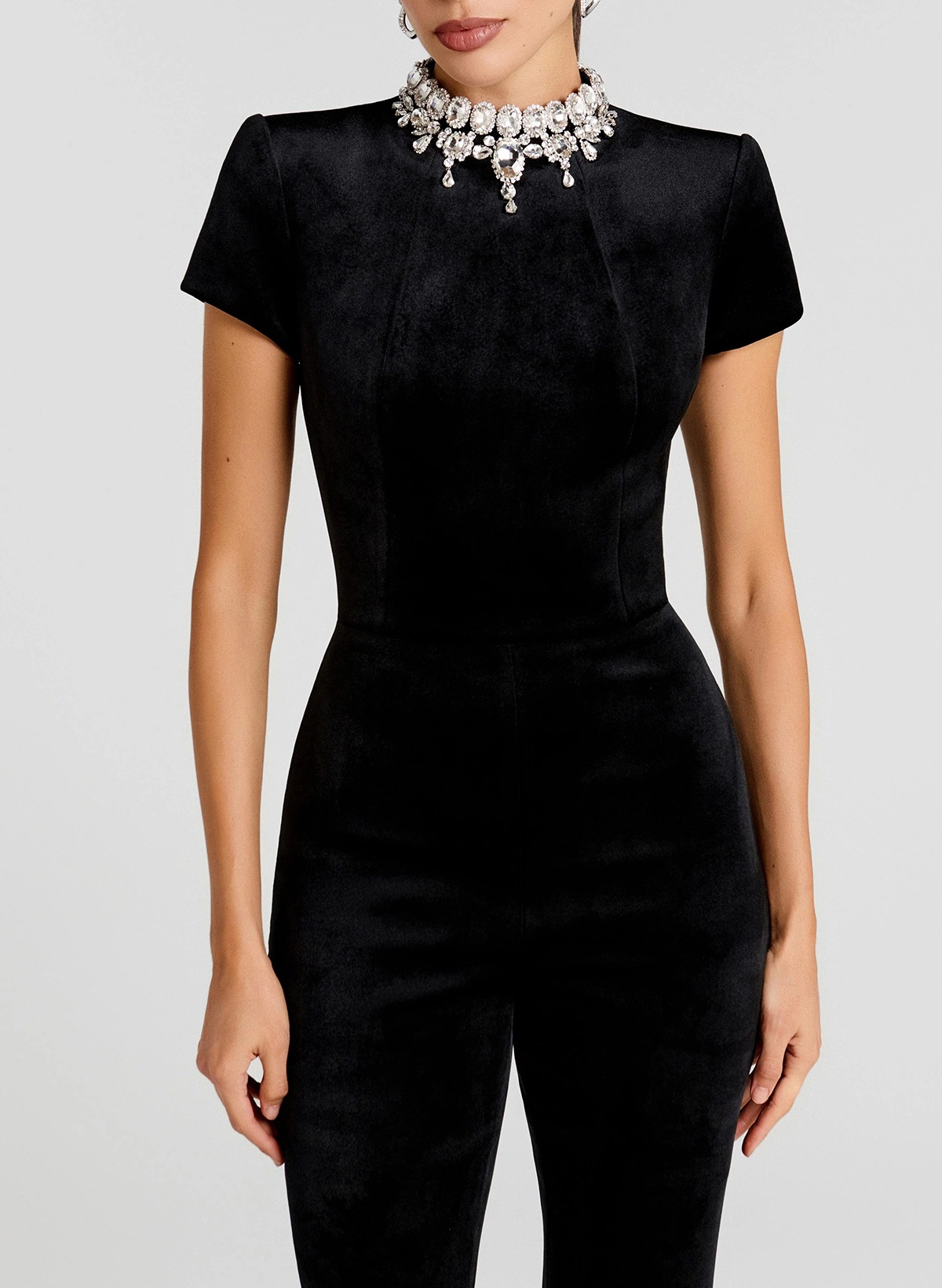 Sheath Column High Neck Short Sleeves Floor-Length Velvet Evening Dresses With Rhinestone