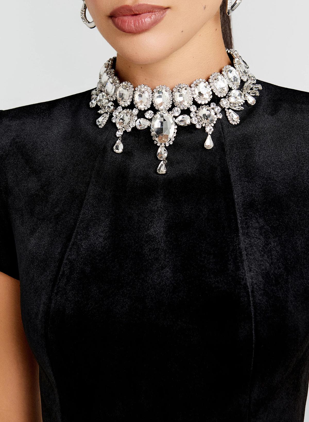 Sheath Column High Neck Short Sleeves Floor-Length Velvet Evening Dresses With Rhinestone