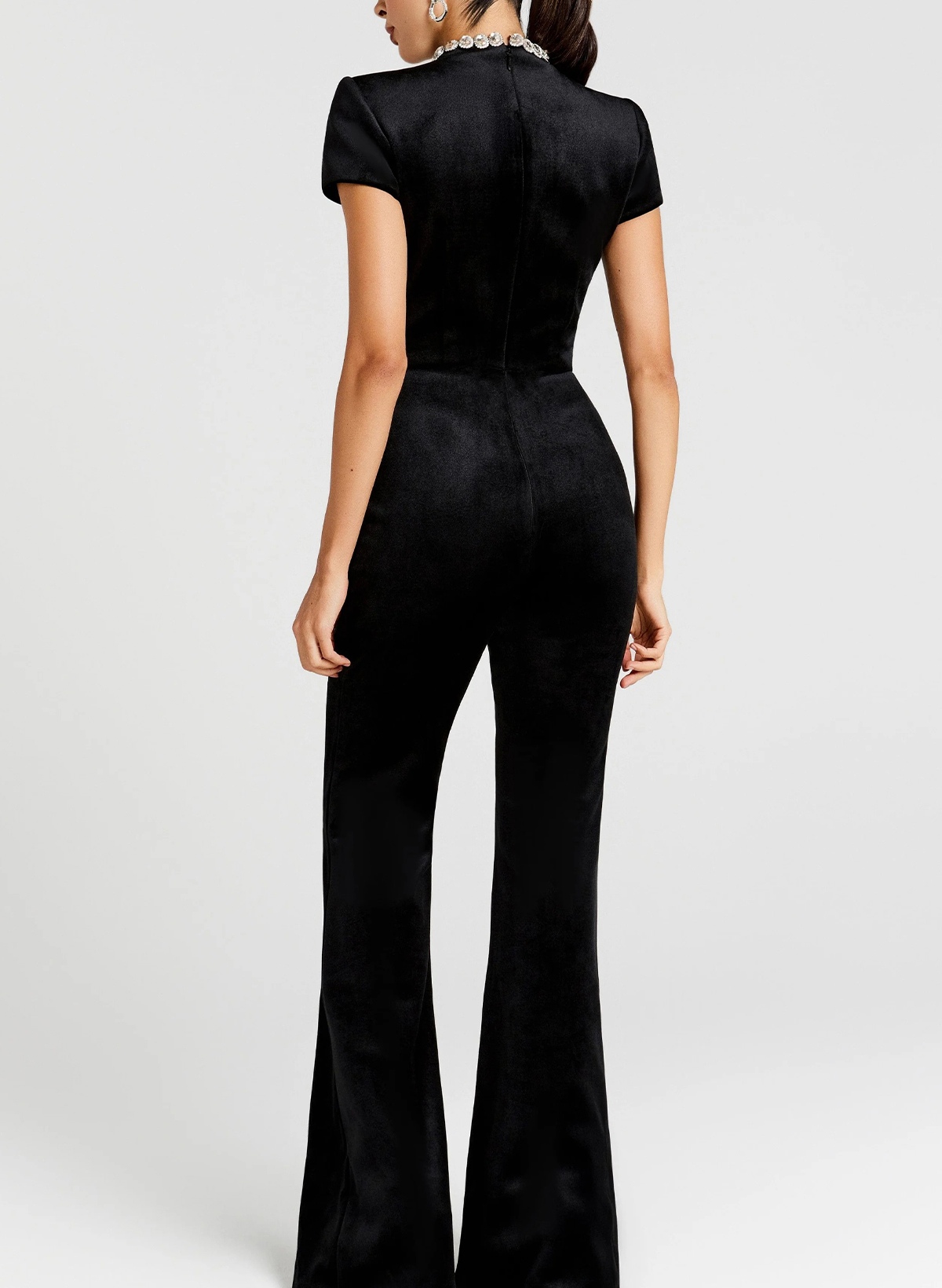 Sheath Column High Neck Short Sleeves Floor-Length Velvet Evening Dresses With Rhinestone