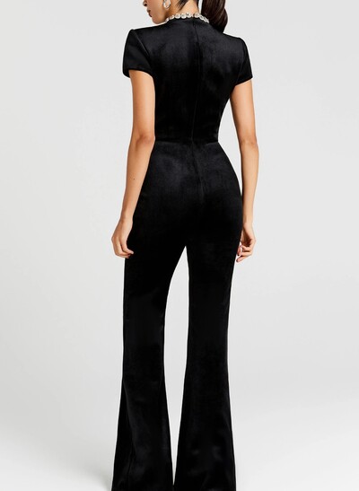 Sheath Column High Neck Short Sleeves Floor-Length Velvet Evening Dresses With Rhinestone