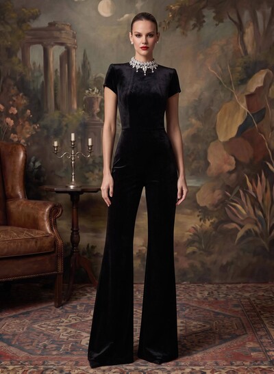 Sheath Column High Neck Short Sleeves Floor-Length Velvet Evening Dresses With Rhinestone