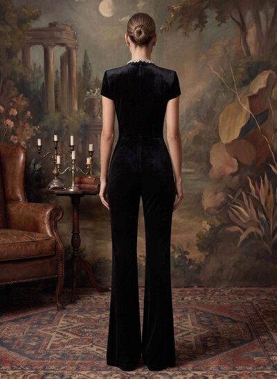 Sheath Column High Neck Short Sleeves Floor-Length Velvet Evening Dresses With Rhinestone