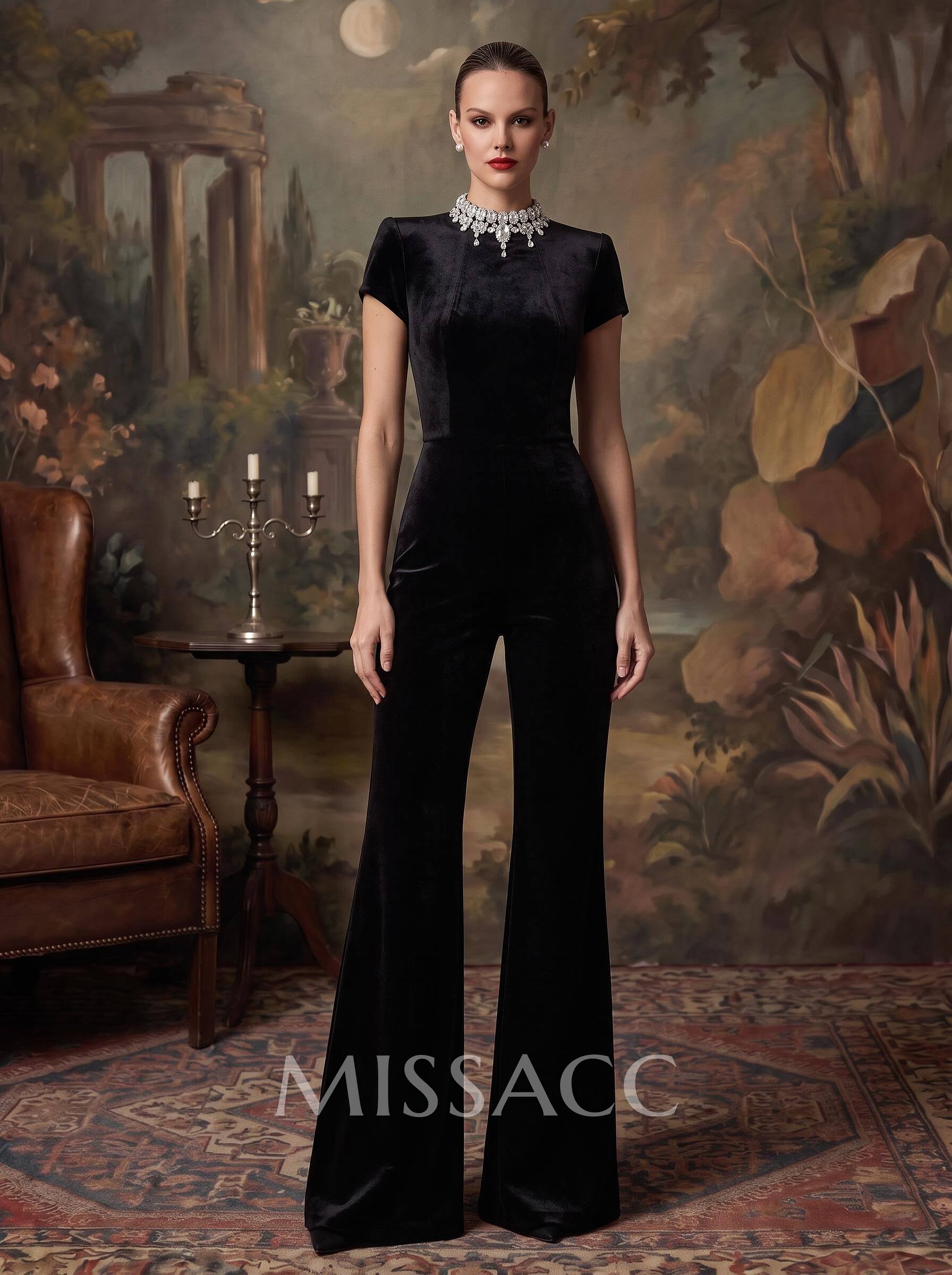 Sheath Column High Neck Short Sleeves Floor-Length Velvet Evening Dresses With Rhinestone