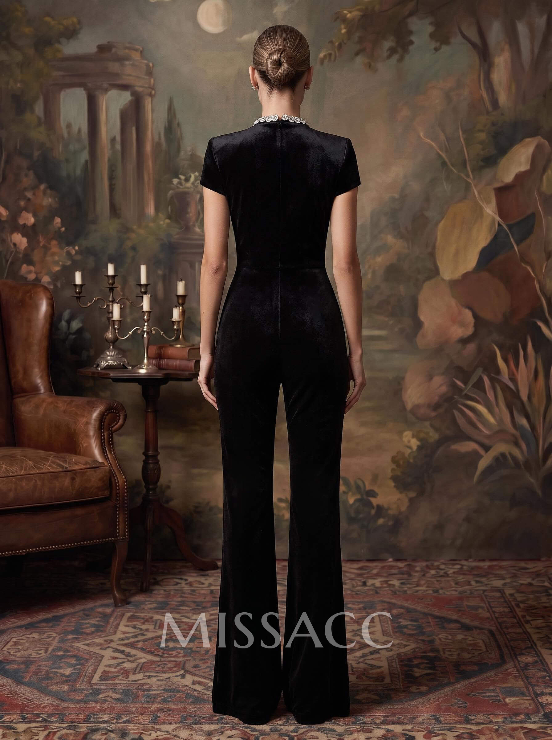 Sheath Column High Neck Short Sleeves Floor-Length Velvet Evening Dresses With Rhinestone