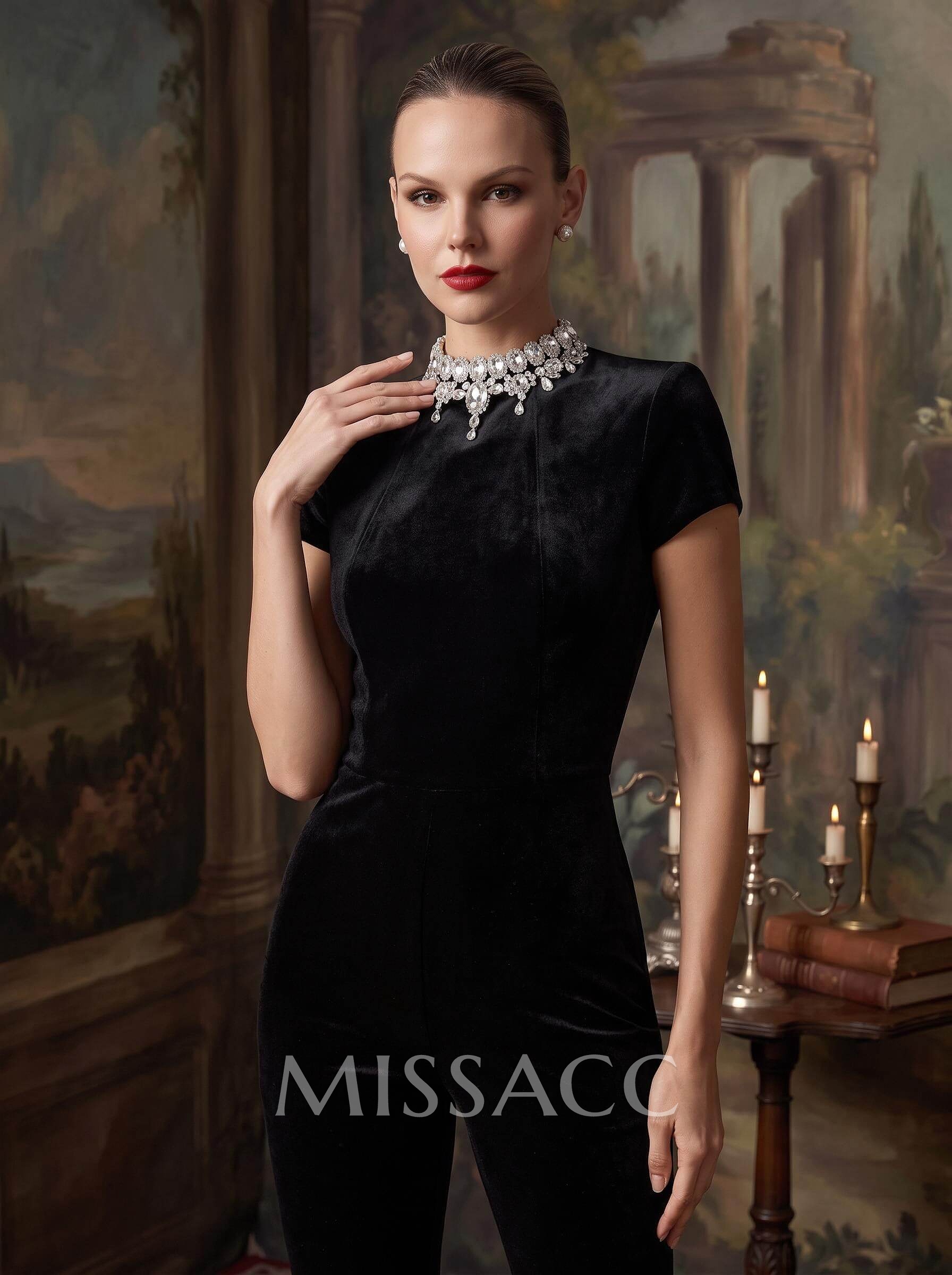 Sheath Column High Neck Short Sleeves Floor-Length Velvet Evening Dresses With Rhinestone