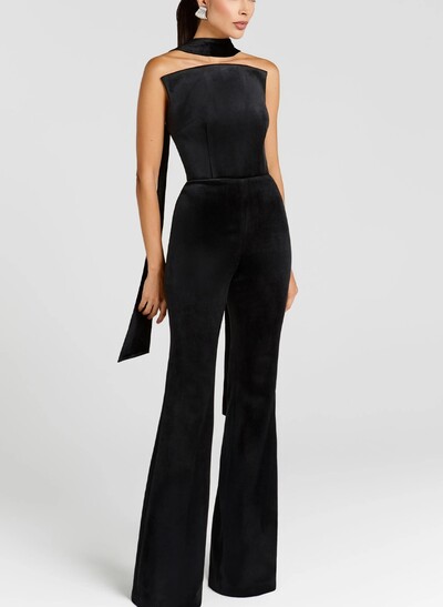 Jumpsuit Pantsuit High Neck Sleeveless Floor-Length Velvet Evening Dresses With