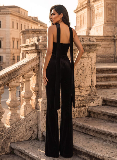 Jumpsuit Pantsuit High Neck Sleeveless Floor-Length Velvet Evening Dresses