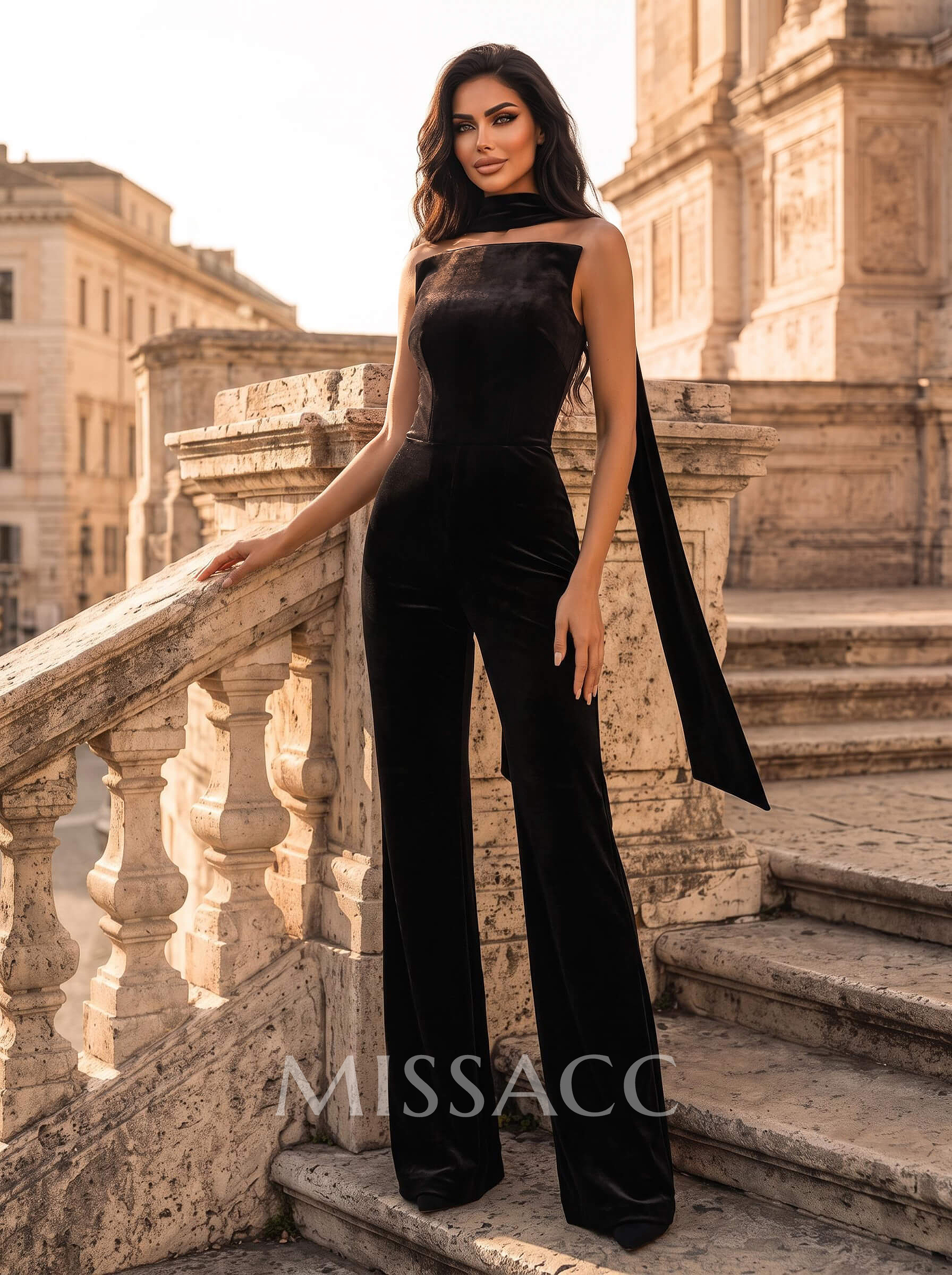 Jumpsuit Pantsuit High Neck Sleeveless Floor-Length Velvet Evening Dresses