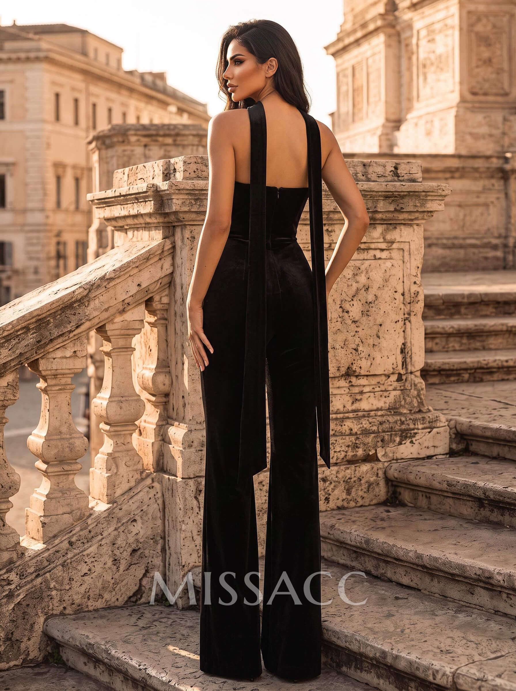 Jumpsuit Pantsuit High Neck Sleeveless Floor-Length Velvet Evening Dresses