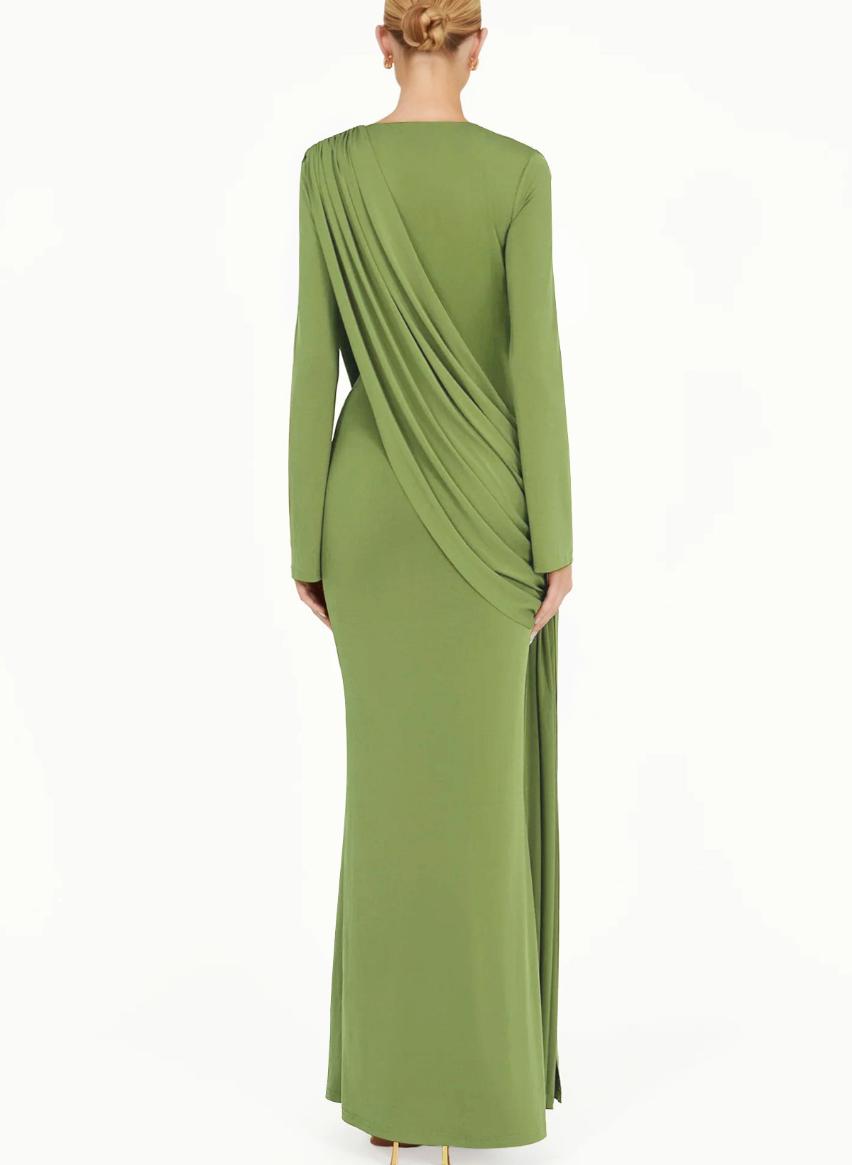 Sheath Column V-Neck Long Sleeves Floor-Length Jersey Evening Dresses With Pleated Sweeping Side Drape